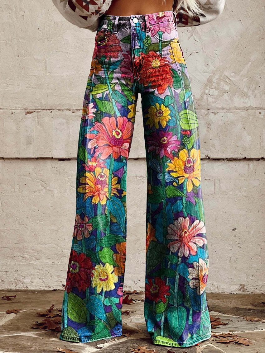 Comfortable women’s wide-leg jeans – floral print design, cotton blend, for casual outings daisy jeans - Tophatter Daily Deals