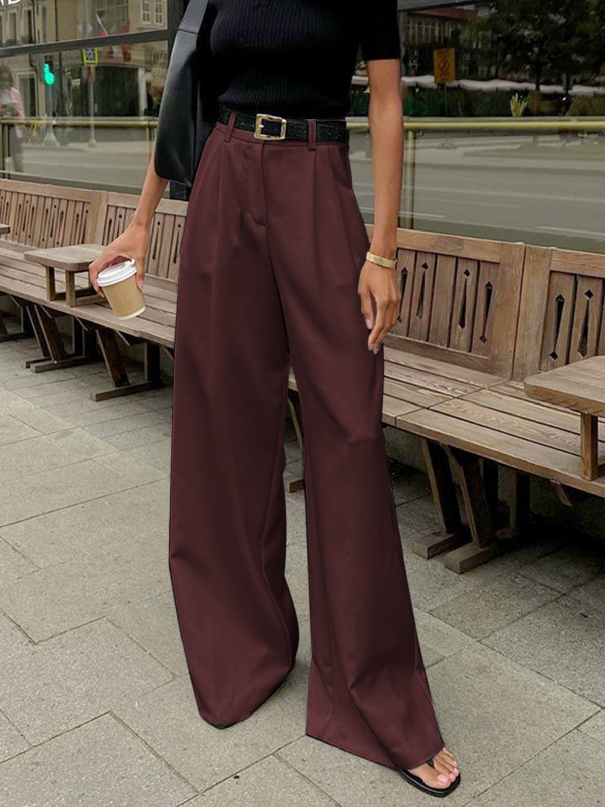 Breathable women’s wide-leg trousers – relaxed fit, easy-care fabric, for casual and office wear Burgundian Women's trousers - Tophatter Daily Deals