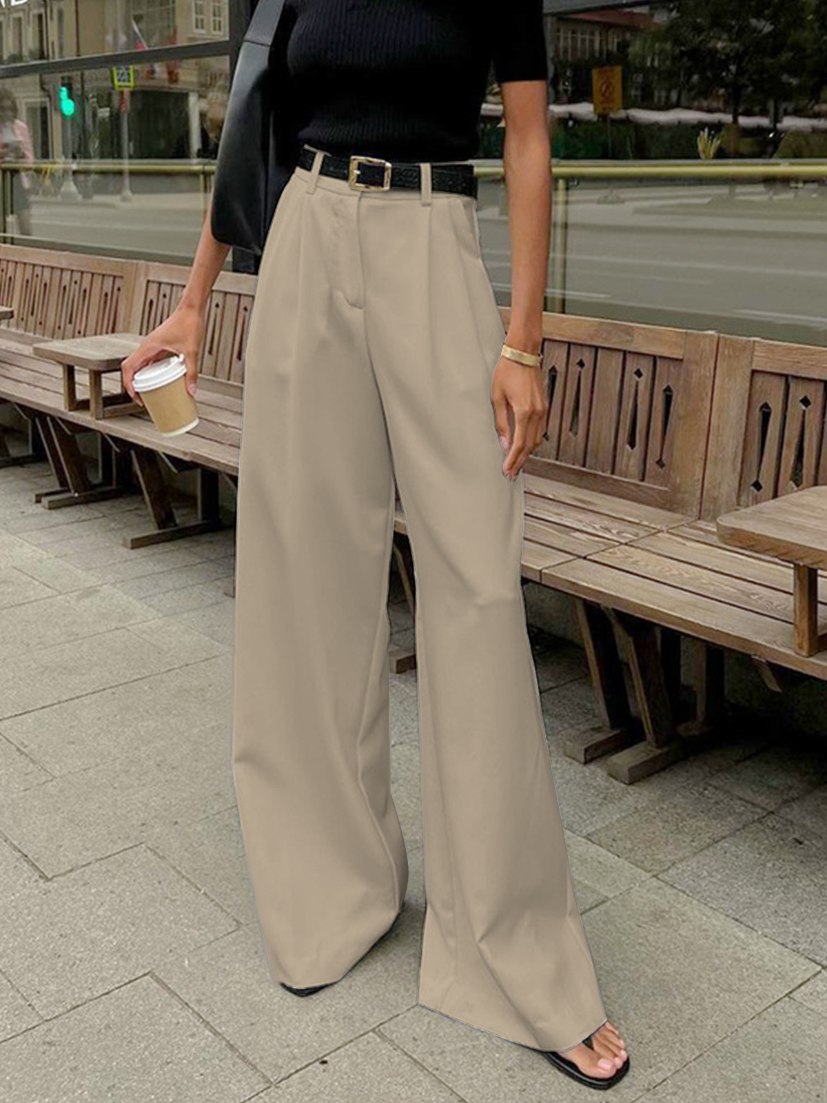 Breathable women’s wide-leg trousers – relaxed fit, easy-care fabric, for casual and office wear Khaki Women's trousers - Tophatter Daily Deals