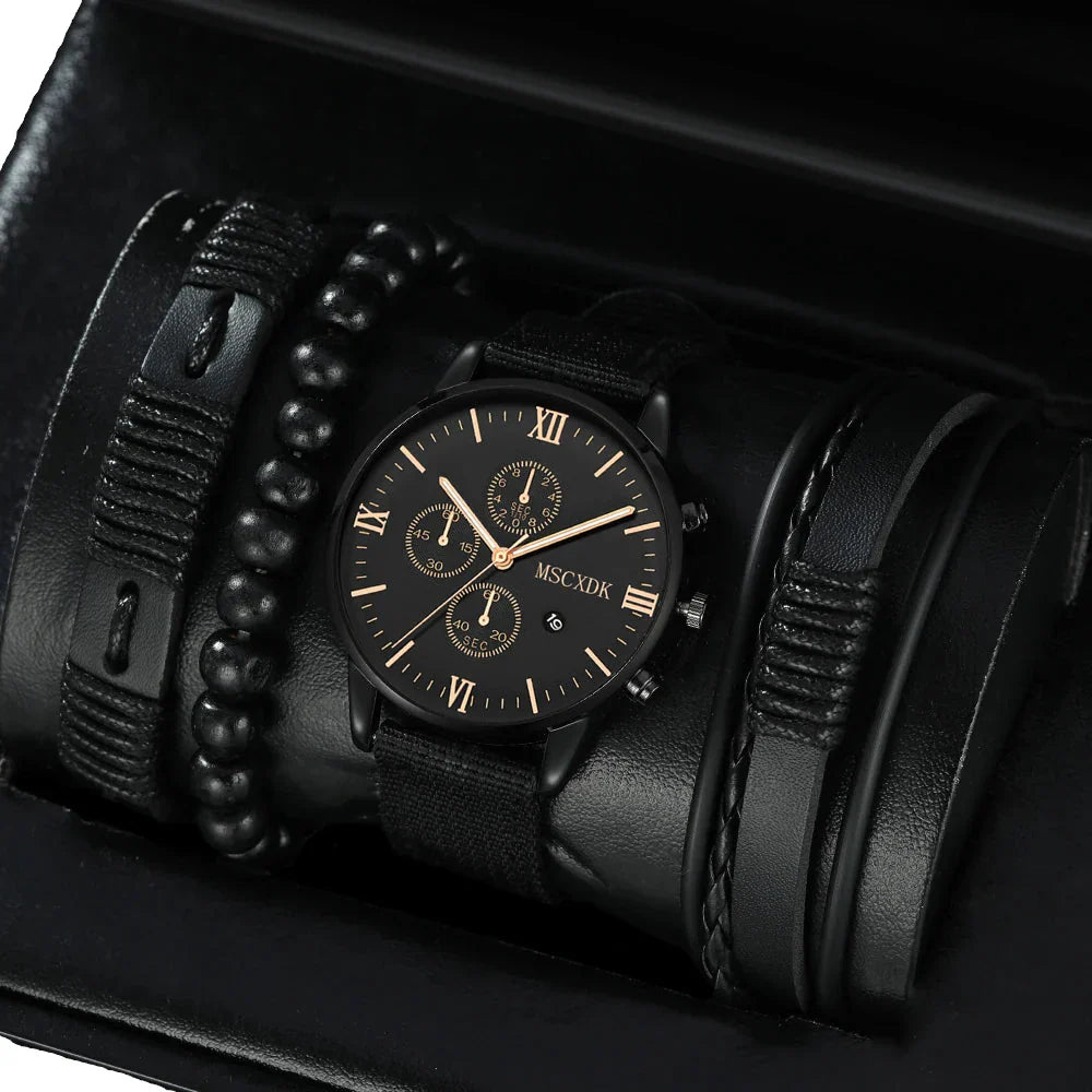 4pcs Men's Quartz Watch Set with Bracelets (Black Gold) Apparel & Accessories > Jewelry > Watches - Tophatter Daily Deals