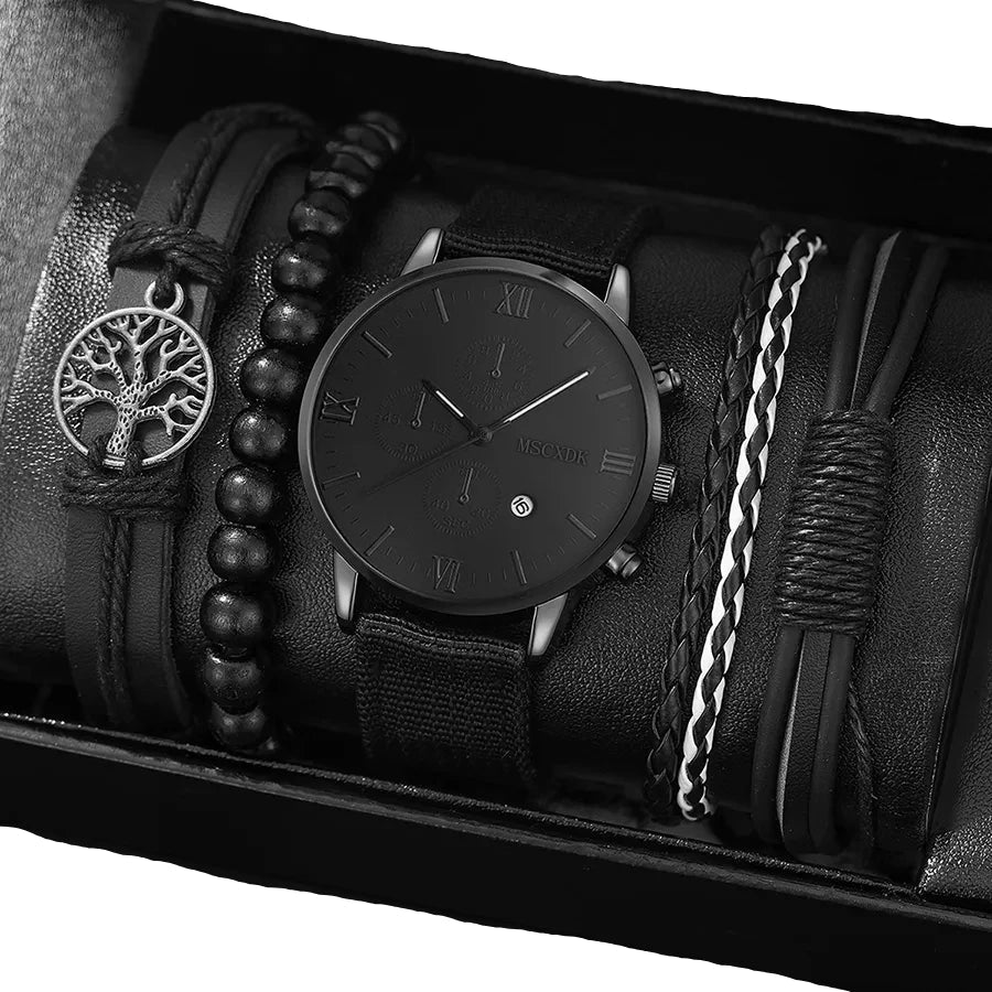 4pcs Men's Quartz Watch Set with Bracelets (Black) Apparel & Accessories > Jewelry > Watches - Tophatter Daily Deals