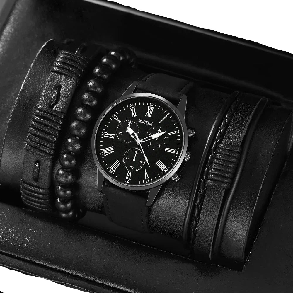 4pcs Men's Quartz Watch Set with Bracelets (Pure Black) Apparel & Accessories > Jewelry > Watches - Tophatter Daily Deals