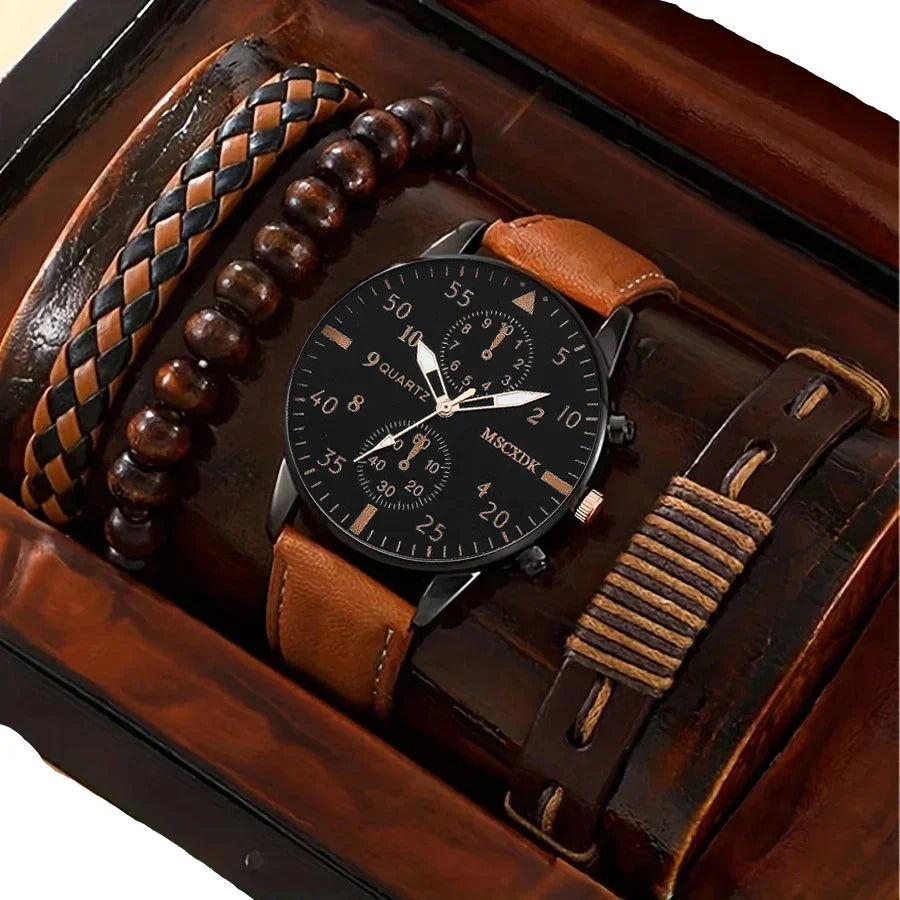 4pcs Men's Quartz Watch Set with Bracelets (Brown) Apparel & Accessories > Jewelry > Watches - Tophatter Daily Deals