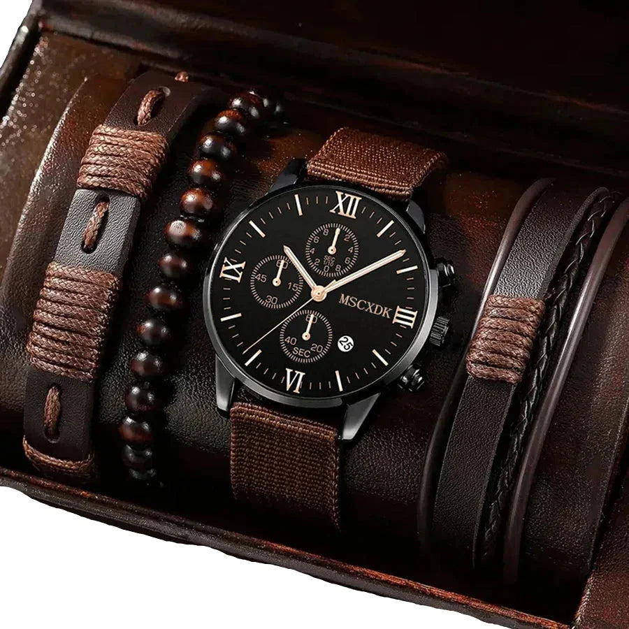 4pcs Men's Quartz Watch Set with Bracelets (Coffee) Apparel & Accessories > Jewelry > Watches - Tophatter Daily Deals