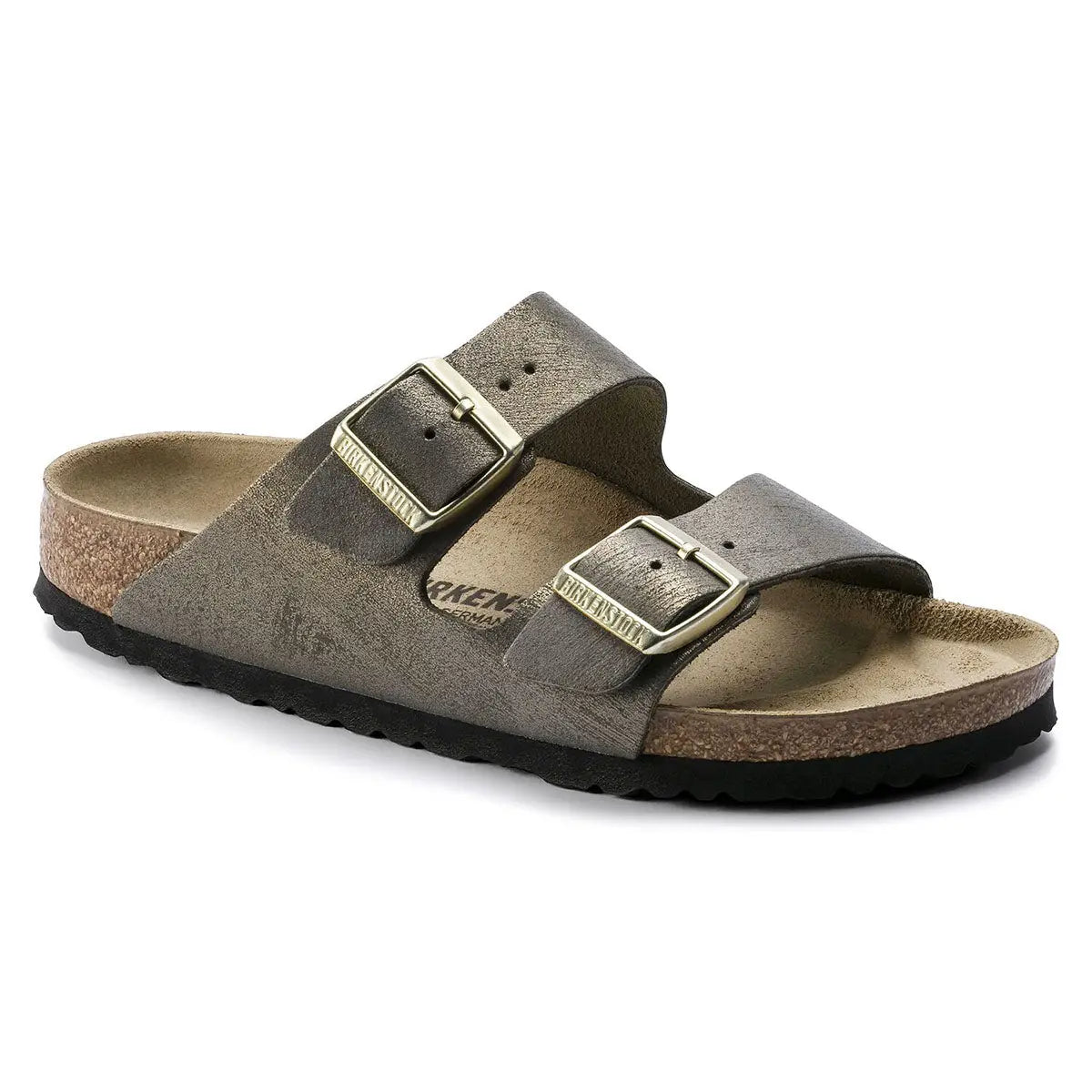 Birkenstock Arizona Nubuck Leather Sandals Washed Metallic Stone Gold 38 Medium Narrow Footwear - Tophatter Daily Deals