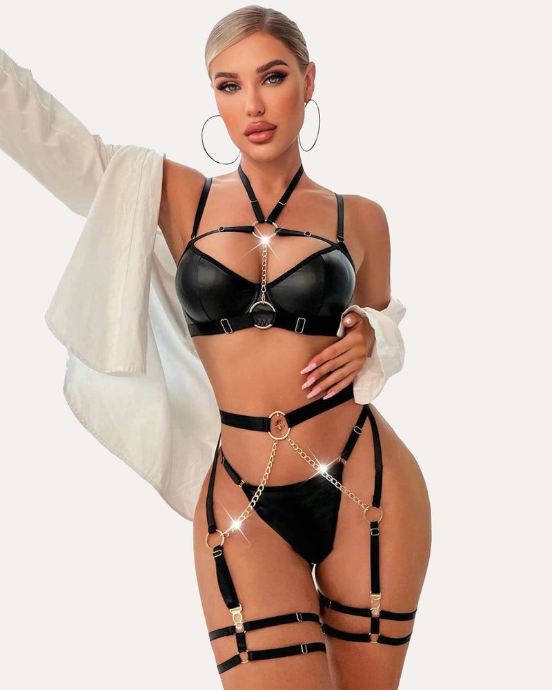 Leather Push Up Bra Panty Set with Chain (DE Only) Black Lingerie Sets-Bra Sets - Tophatter Daily Deals