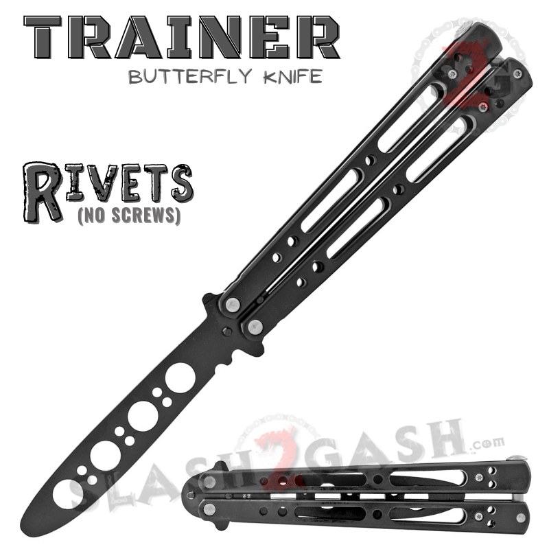 Black Trainer Butterfly Knife Steel Riveted Balisong w/ Spring Latch Black - Trainer Knife-Balisong - Tophatter Daily Deals