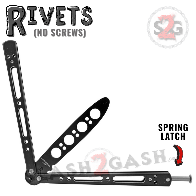 Black Trainer Butterfly Knife Steel Riveted Balisong w/ Spring Latch Knife-Balisong - Tophatter Daily Deals