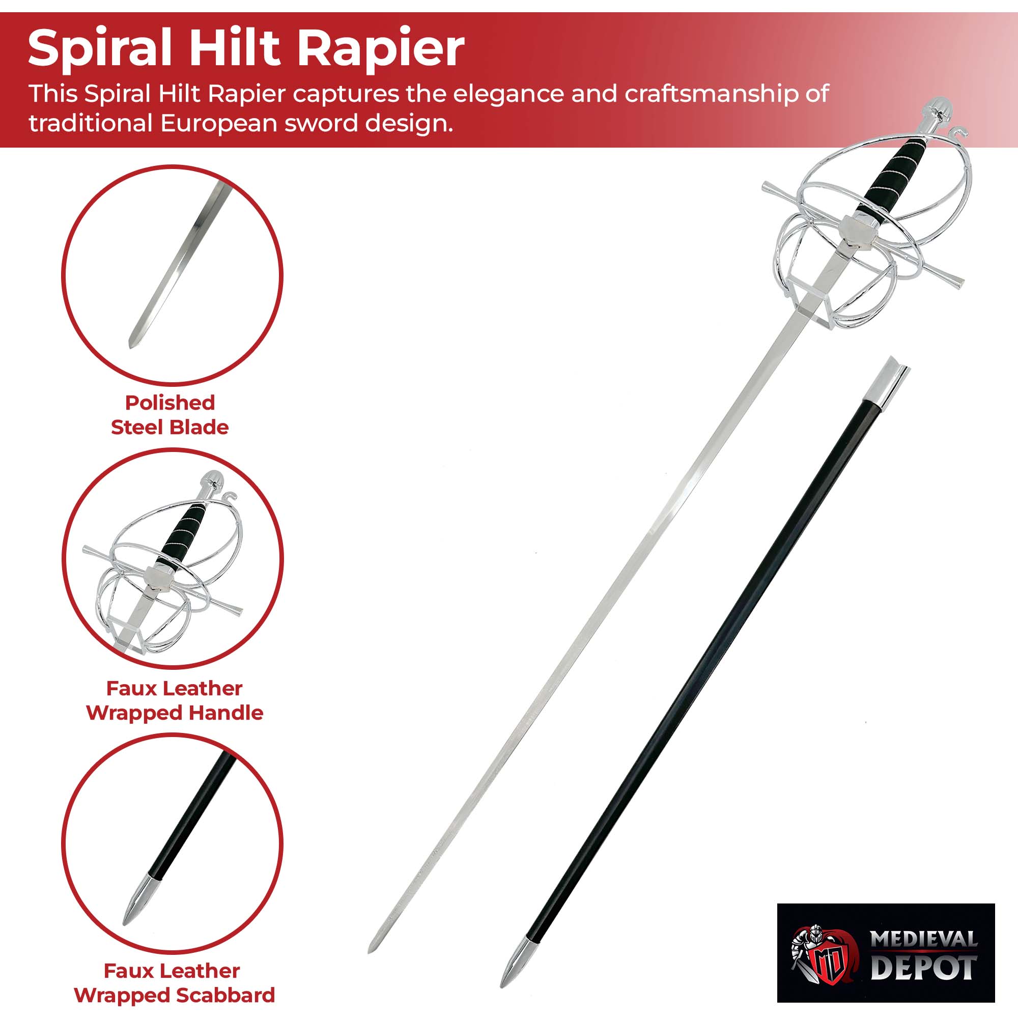 Elegant Renaissance Rapier with Black Swept Hilt and Spiral Guard Swords - Tophatter Daily Deals