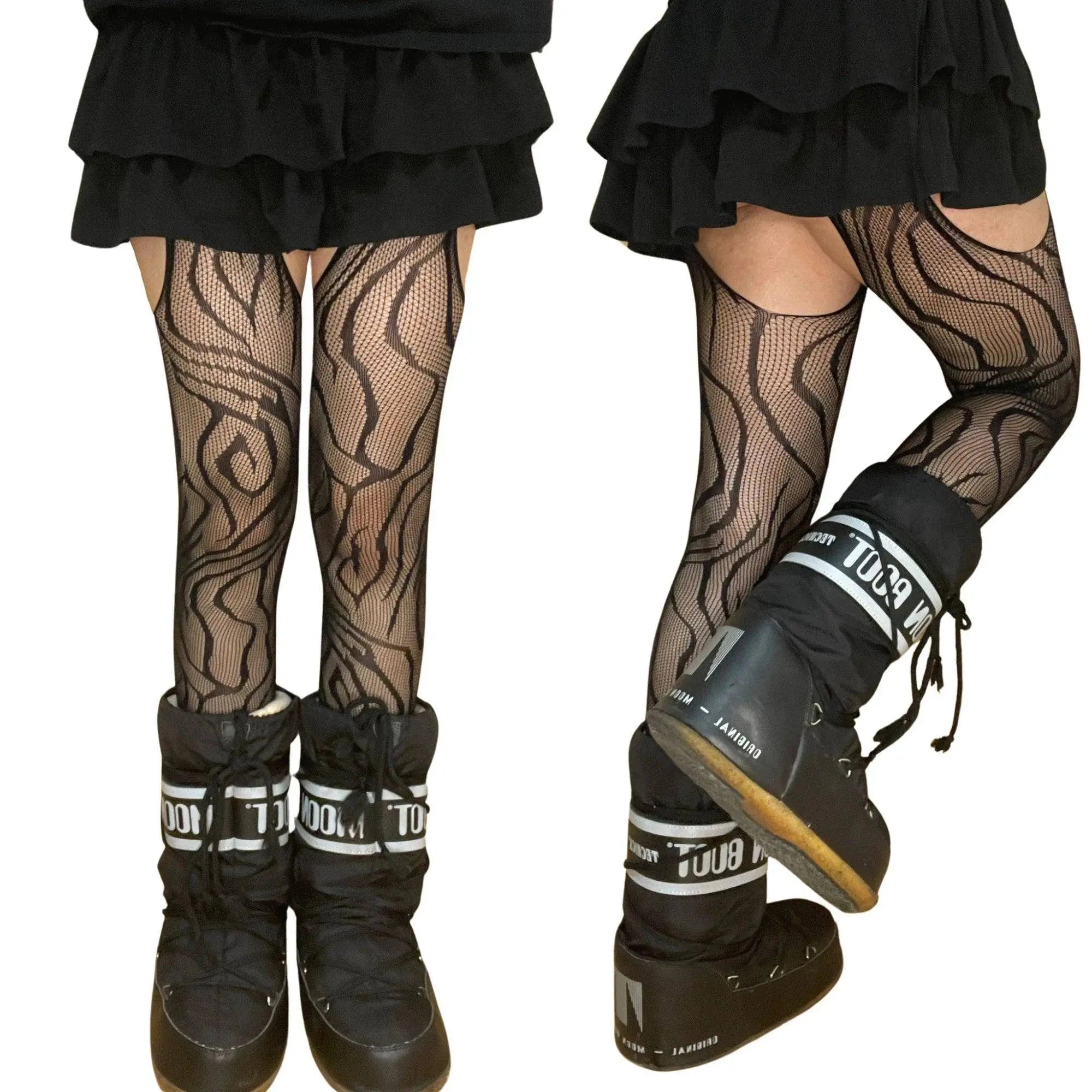 Black Vine Patterned Suspender Fishnet Tights - Tophatter Daily Deals