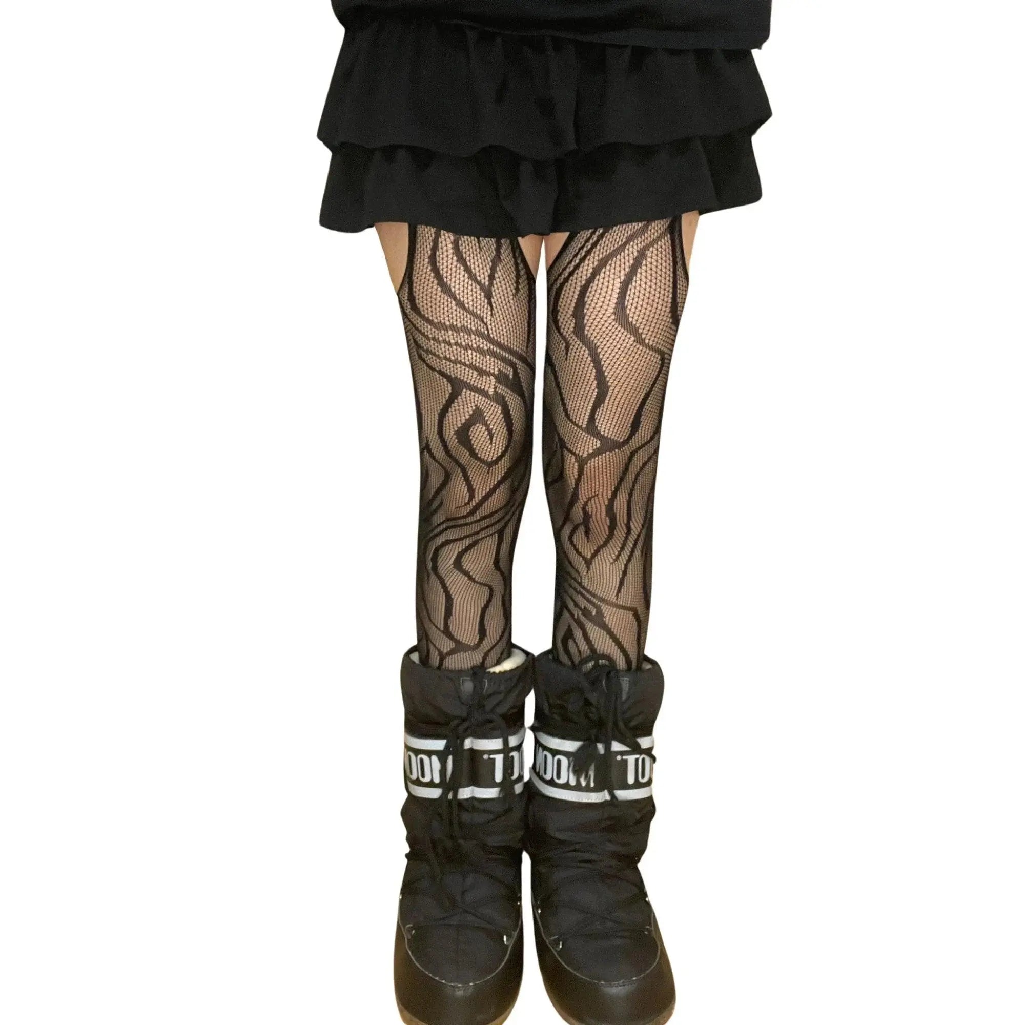 Black Vine Patterned Suspender Fishnet Tights - Tophatter Daily Deals