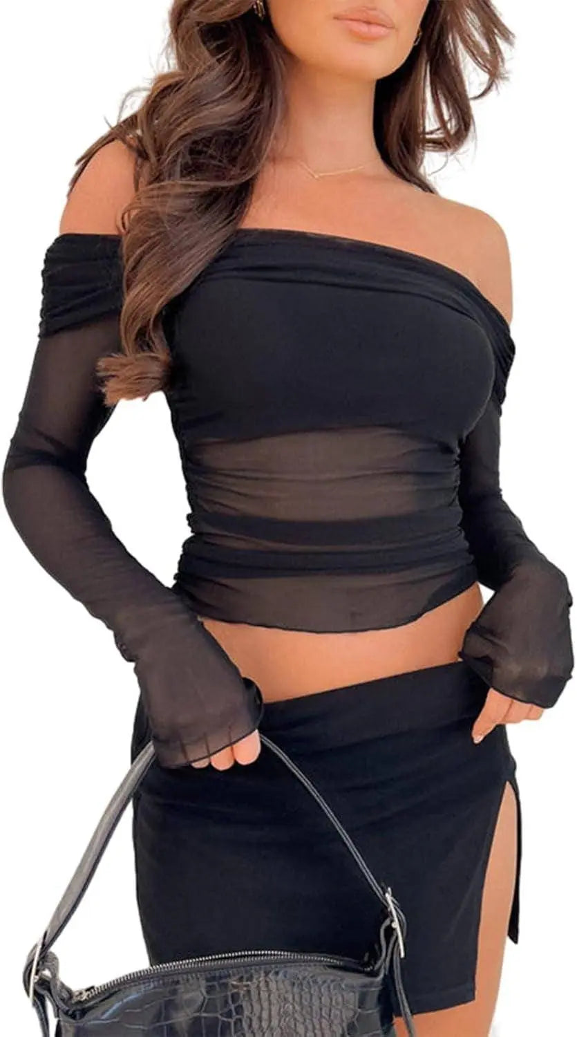 Black crop top featuring long transparent sleeves - Tophatter Daily Deals