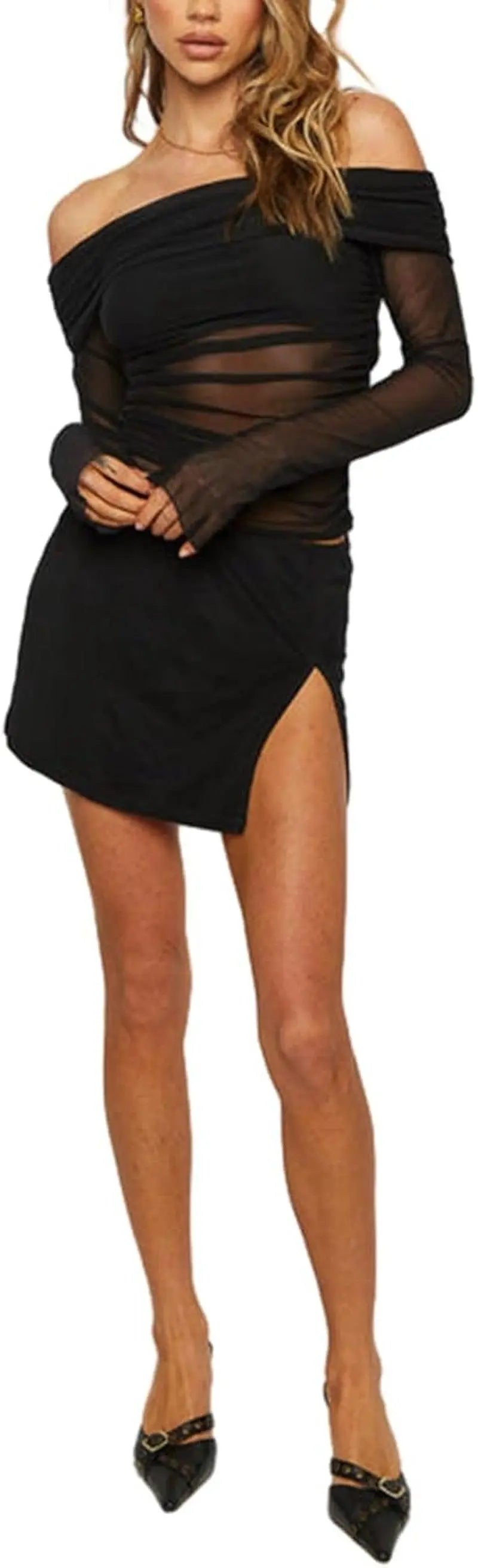 Black crop top featuring long transparent sleeves - Tophatter Daily Deals