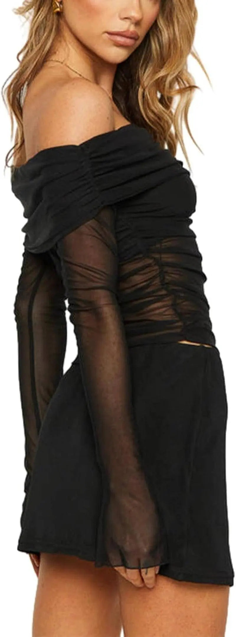 Black crop top featuring long transparent sleeves - Tophatter Daily Deals