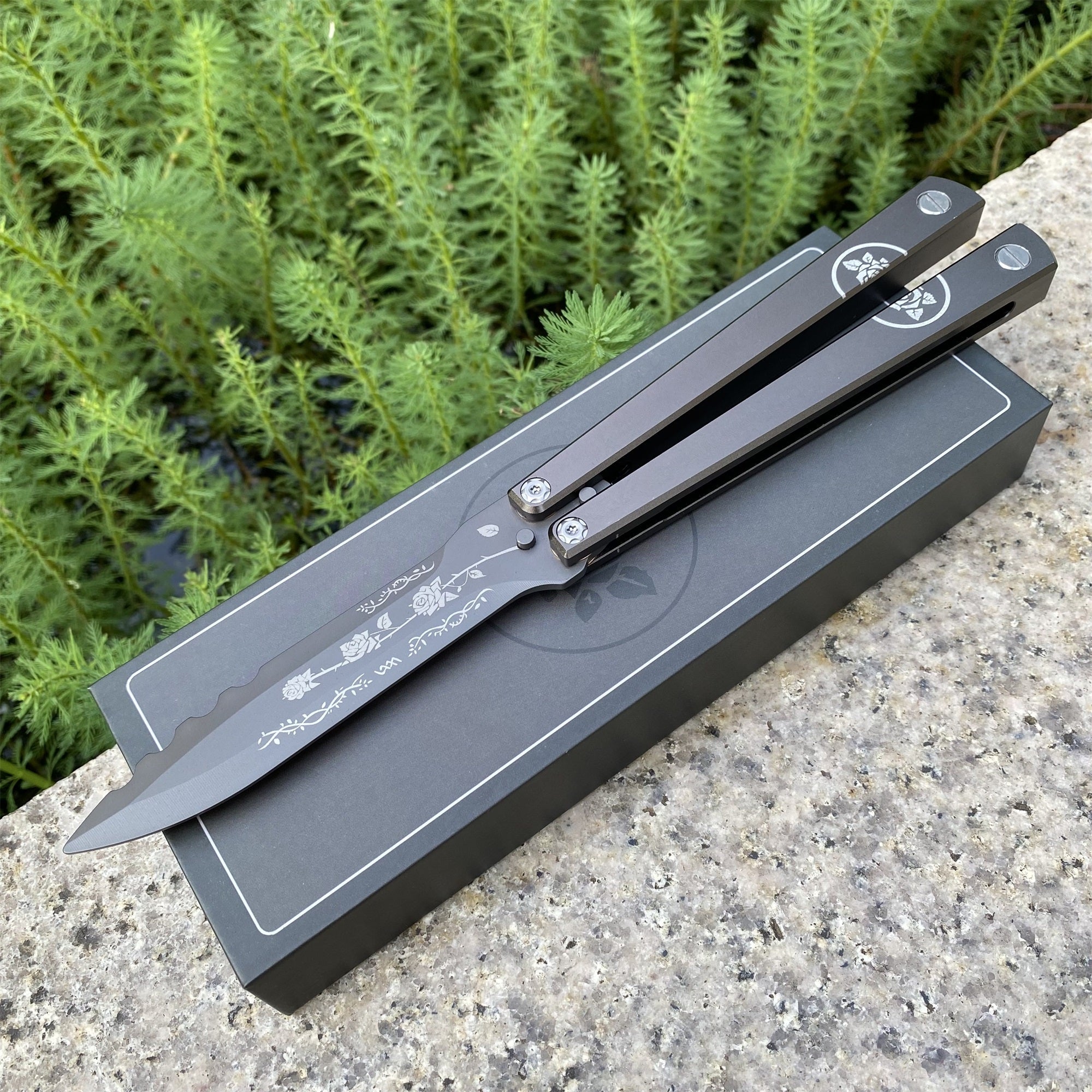 High-End TF2 Black Rose Butterfly Knife Trainer CNC Aluminum Alloy Handle Balisong Trainer Grey Blade CNC - Tophatter Daily Deals