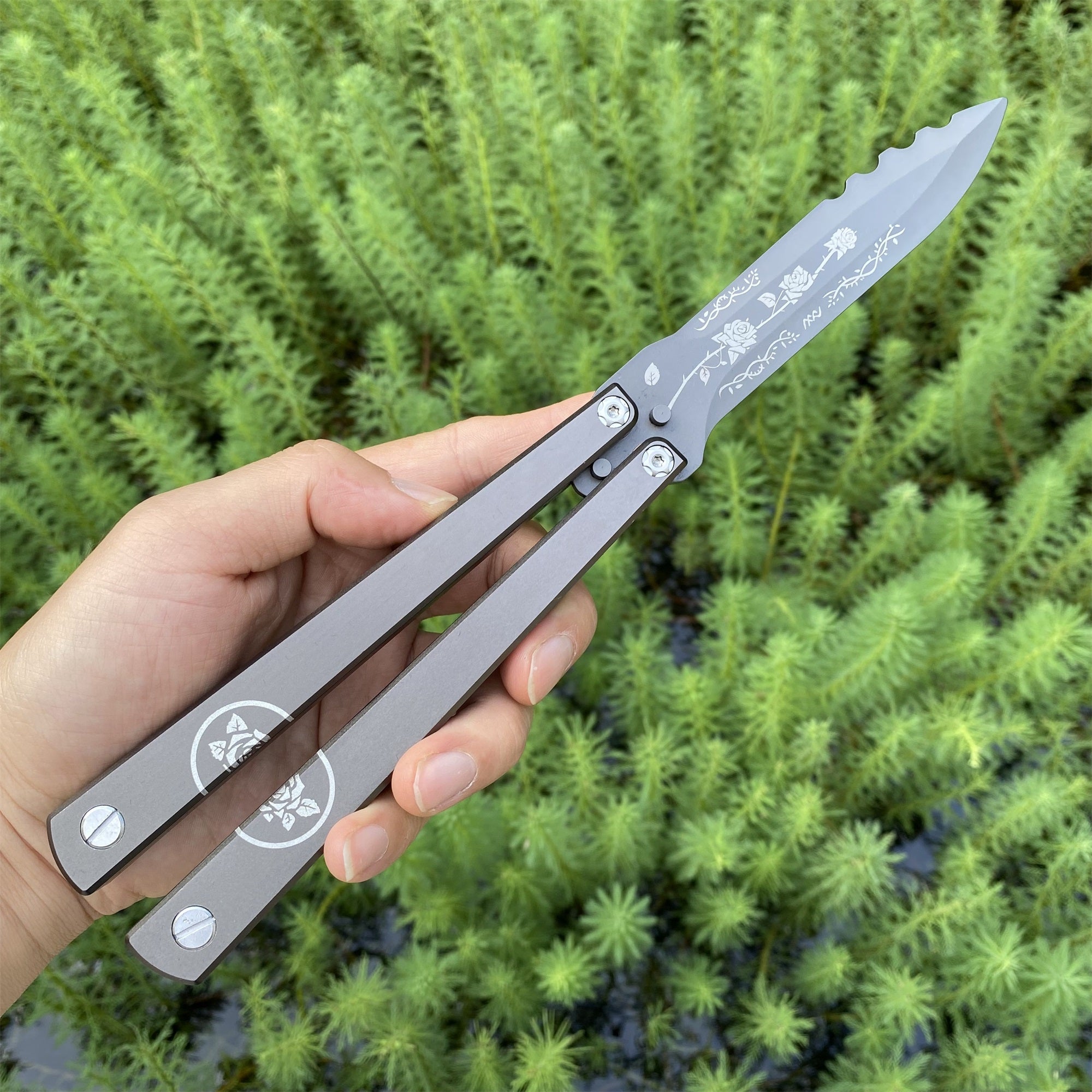 High-End TF2 Black Rose Butterfly Knife Trainer CNC Aluminum Alloy Handle Balisong Trainer - Tophatter Daily Deals