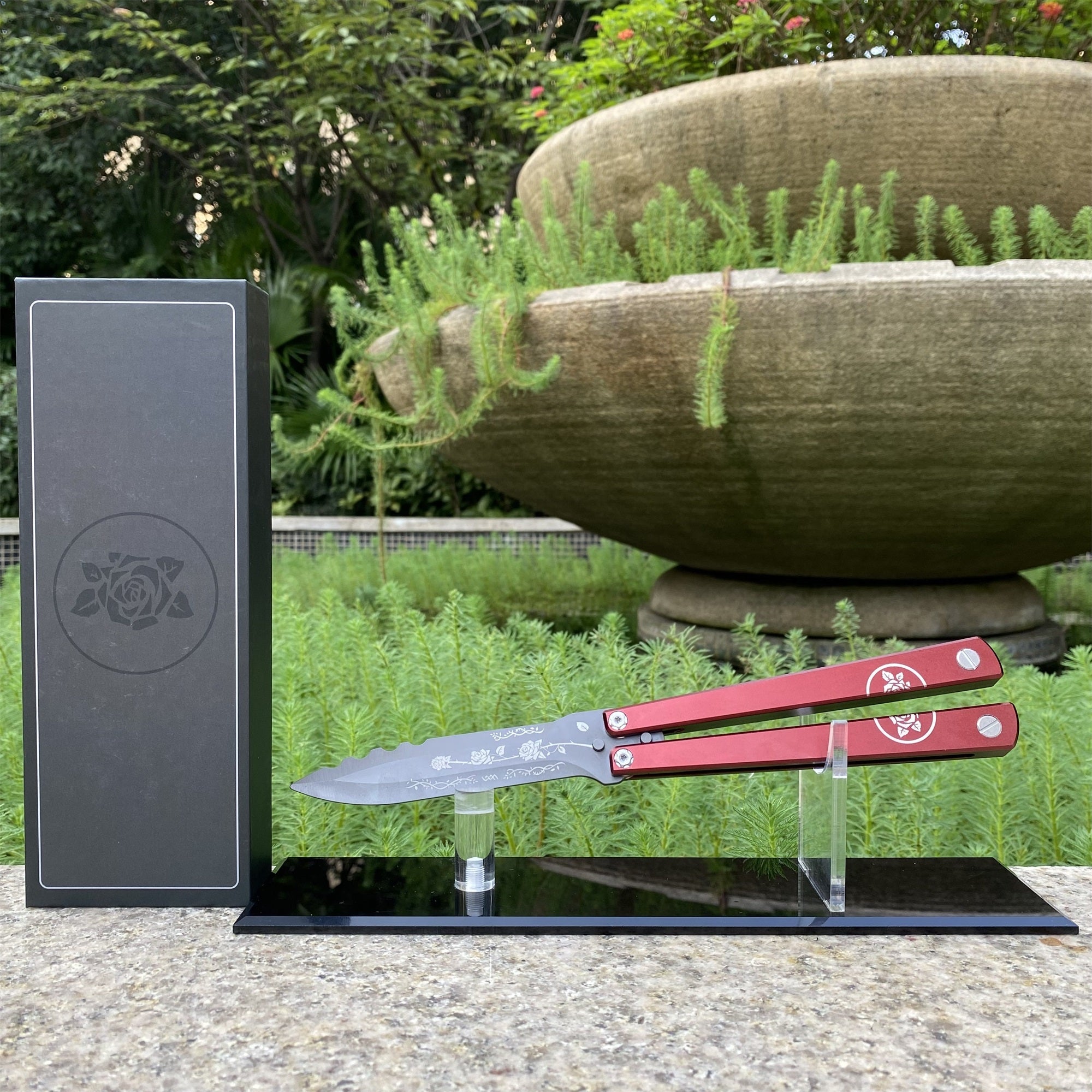High-End TF2 Black Rose Butterfly Knife Trainer CNC Aluminum Alloy Handle Balisong Trainer Red Blade CNC & Stand - Tophatter Daily Deals