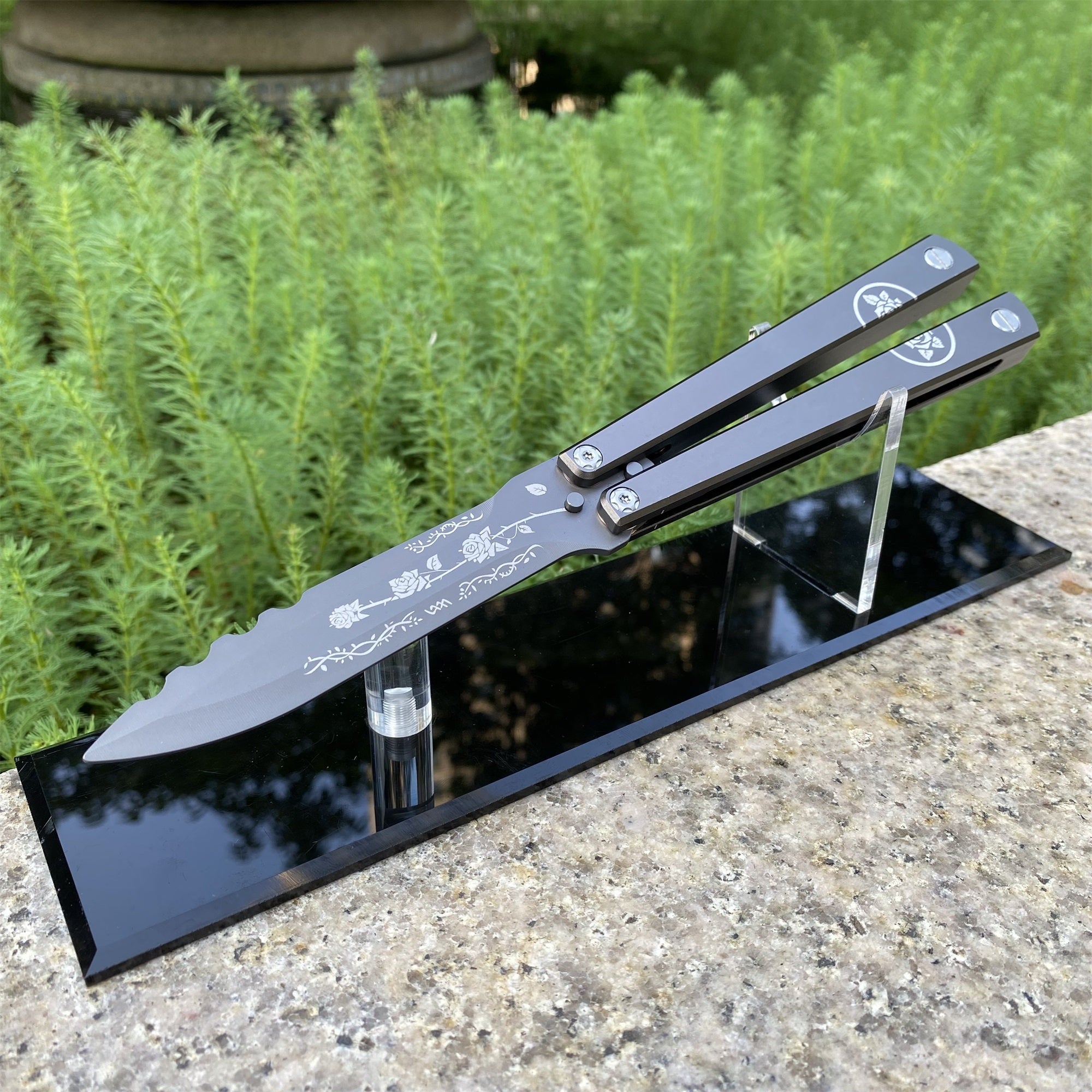 High-End TF2 Black Rose Butterfly Knife Trainer CNC Aluminum Alloy Handle Balisong Trainer - Tophatter Daily Deals