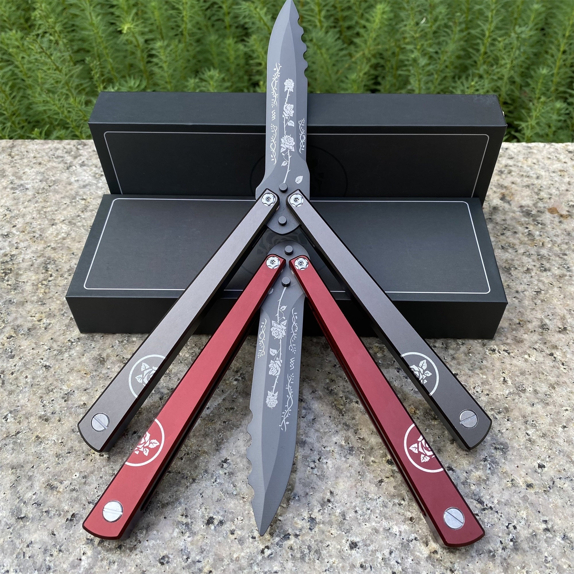 High-End TF2 Black Rose Butterfly Knife Trainer CNC Aluminum Alloy Handle Balisong Trainer - Tophatter Daily Deals