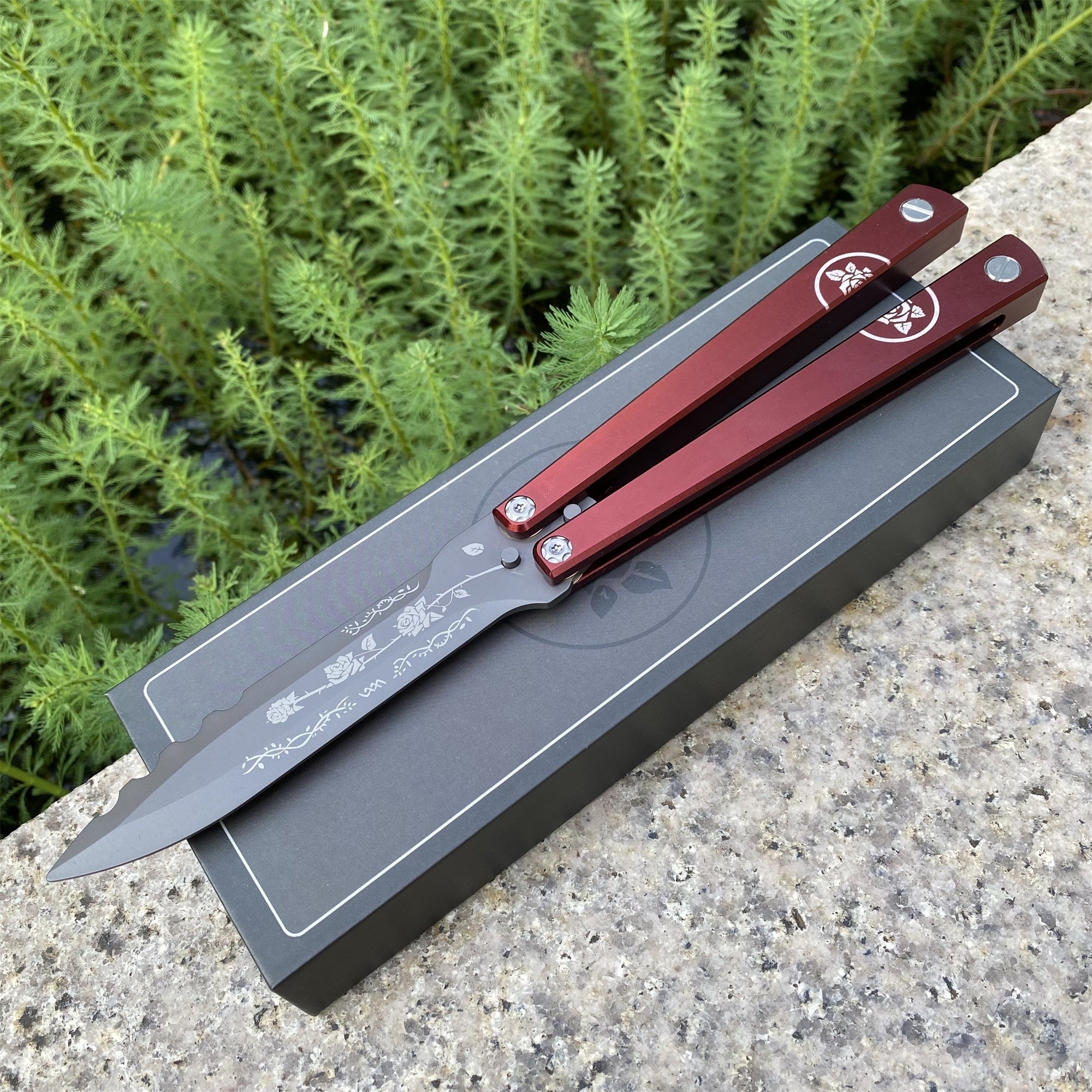High-End TF2 Black Rose Butterfly Knife Trainer CNC Aluminum Alloy Handle Balisong Trainer Red Blade CNC - Tophatter Daily Deals