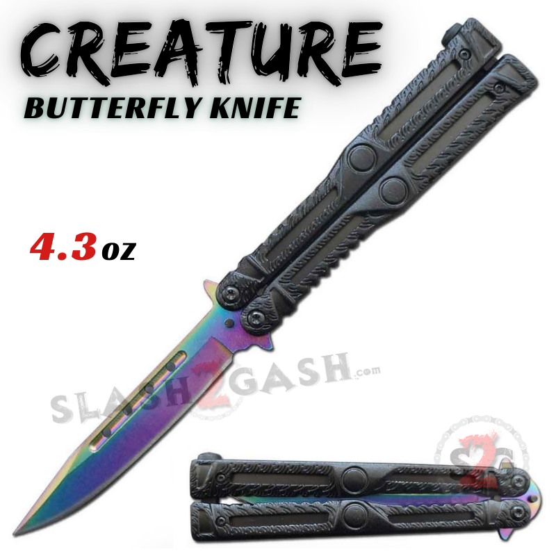 Creature Butterfly Knife Single Edge Rainbow Blade Balisong - Black Black - Rainbow Knife-Balisong - Tophatter Daily Deals