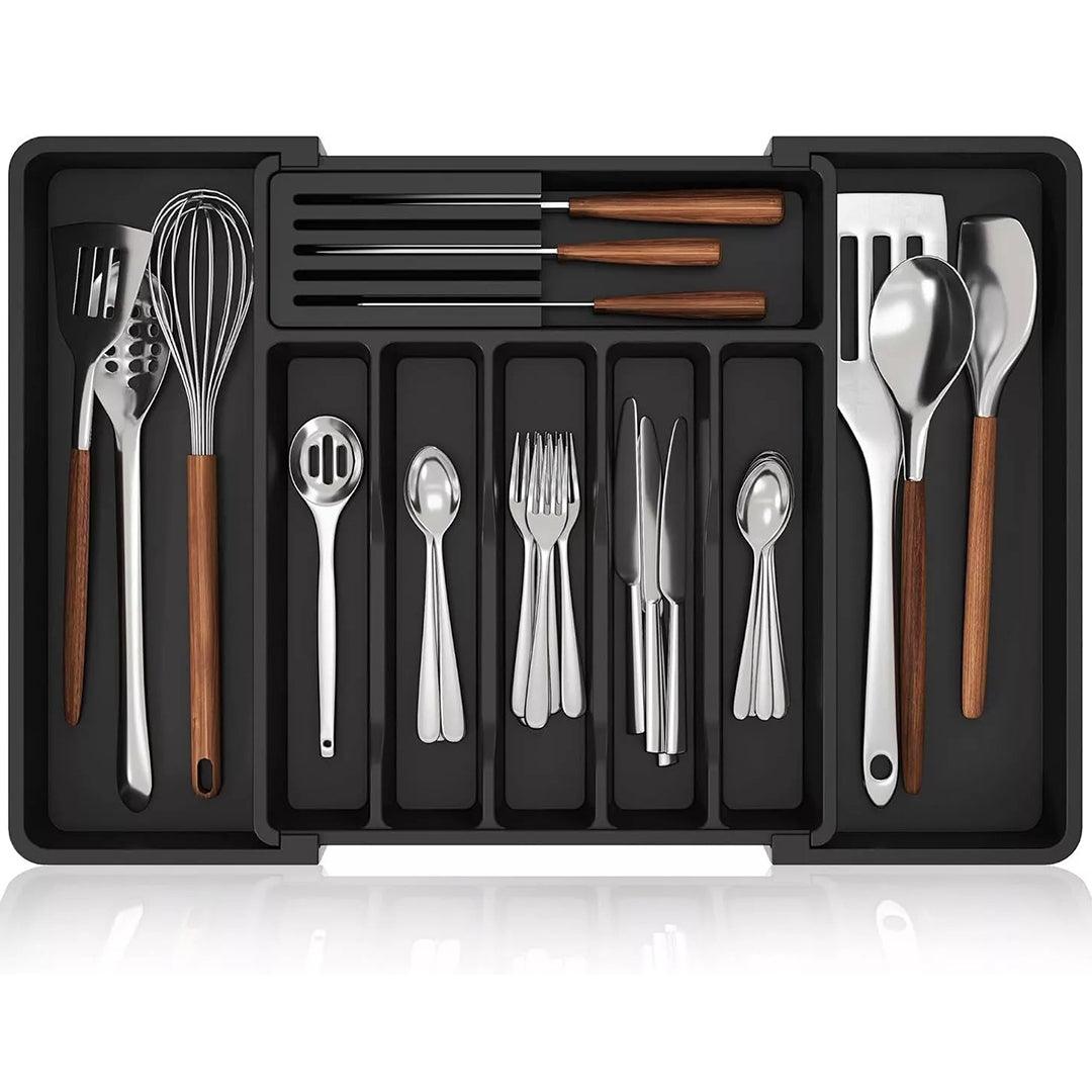 Cutlery Tray For Drawer - Extendable Drawer Organiser Insert For Kitchen Utensils Storage Black Household - Tophatter Daily Deals