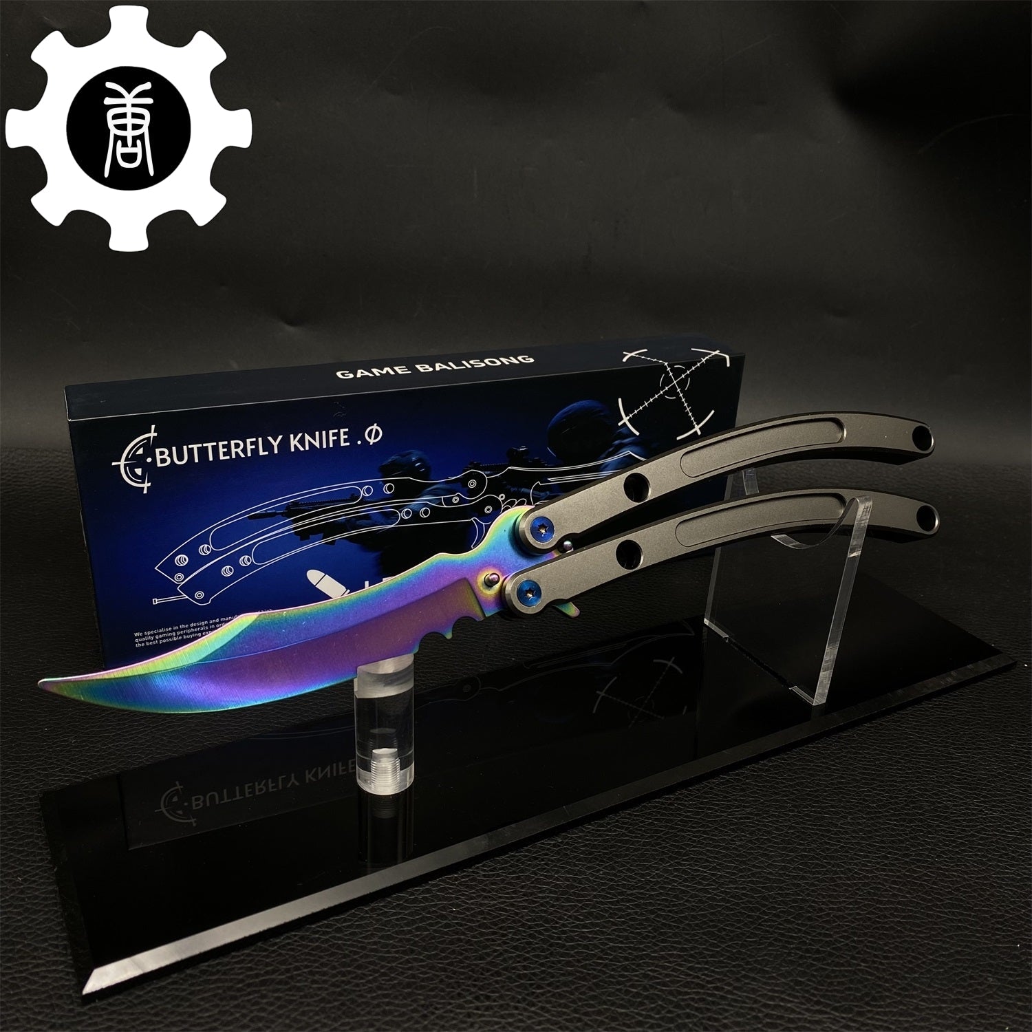 Black Market Butterfly Knife High-End CNC Balisong Trainer Rainbow Blade & Stand - Tophatter Daily Deals