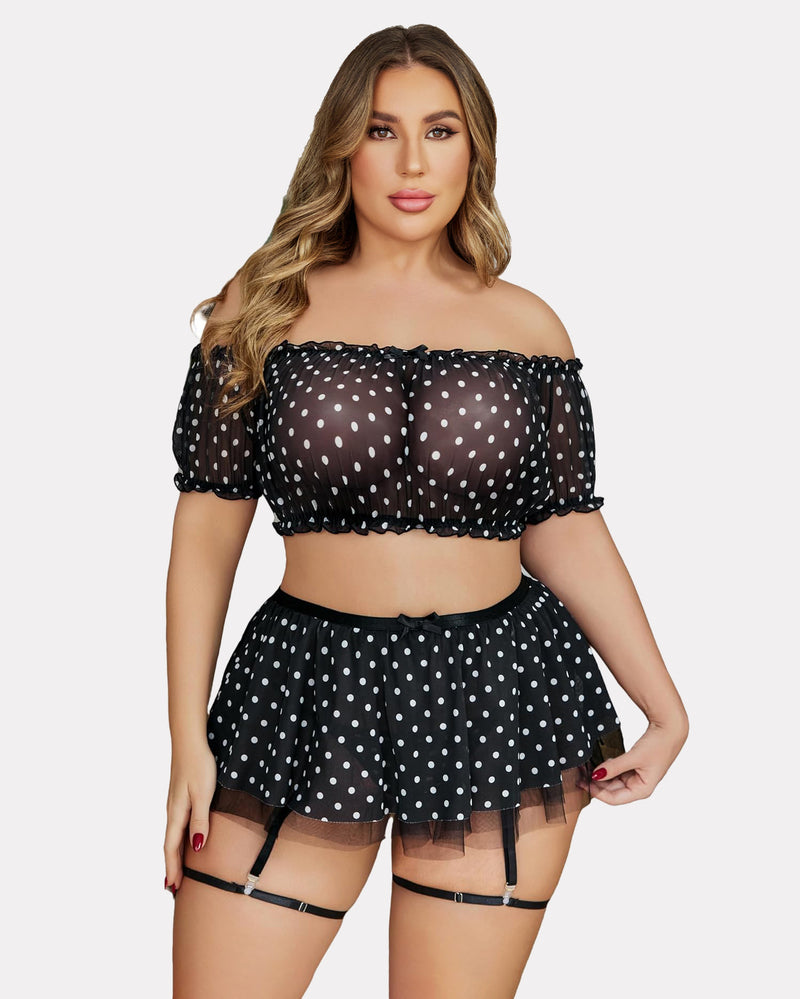 Plus Size Garter Mesh Lingerie Set Black Dots Lingerie Sets-Skirt Sets - Tophatter Daily Deals