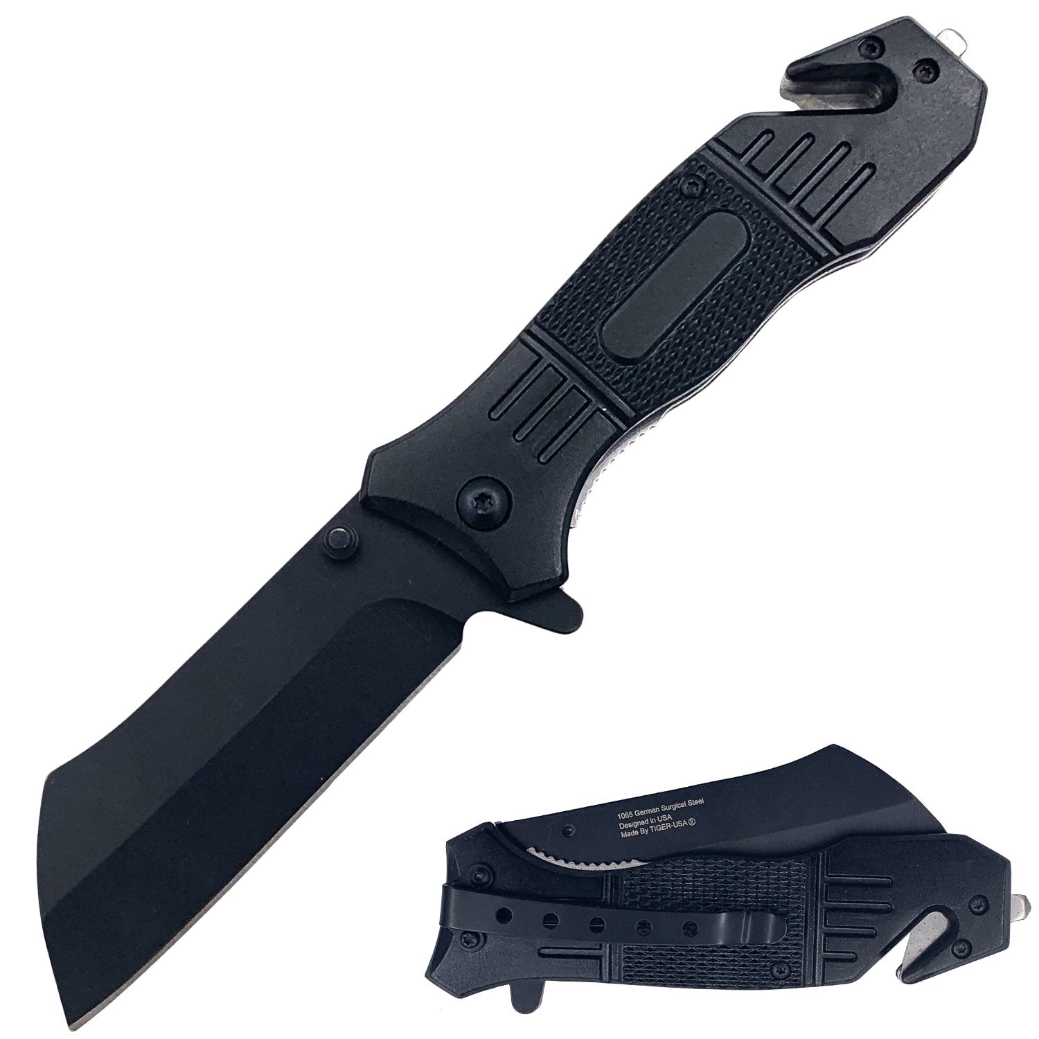 Black Action Liner Lock Spring Assisted Pocket Knife - Cleaver Knife-Assist - Tophatter Daily Deals