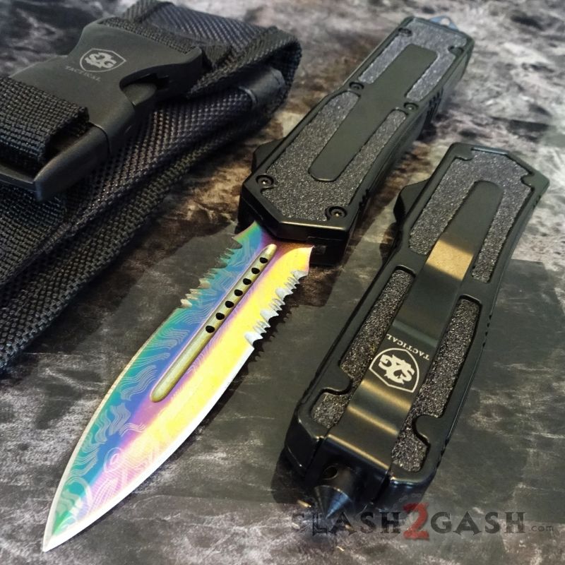 S2G Tactical OTF Knife Abalone Switchblade w/ Rainbow Damascus - Asst. Black w Grip Tape - Double Edge Serrated Knife-OTF - Tophatter Daily Deals