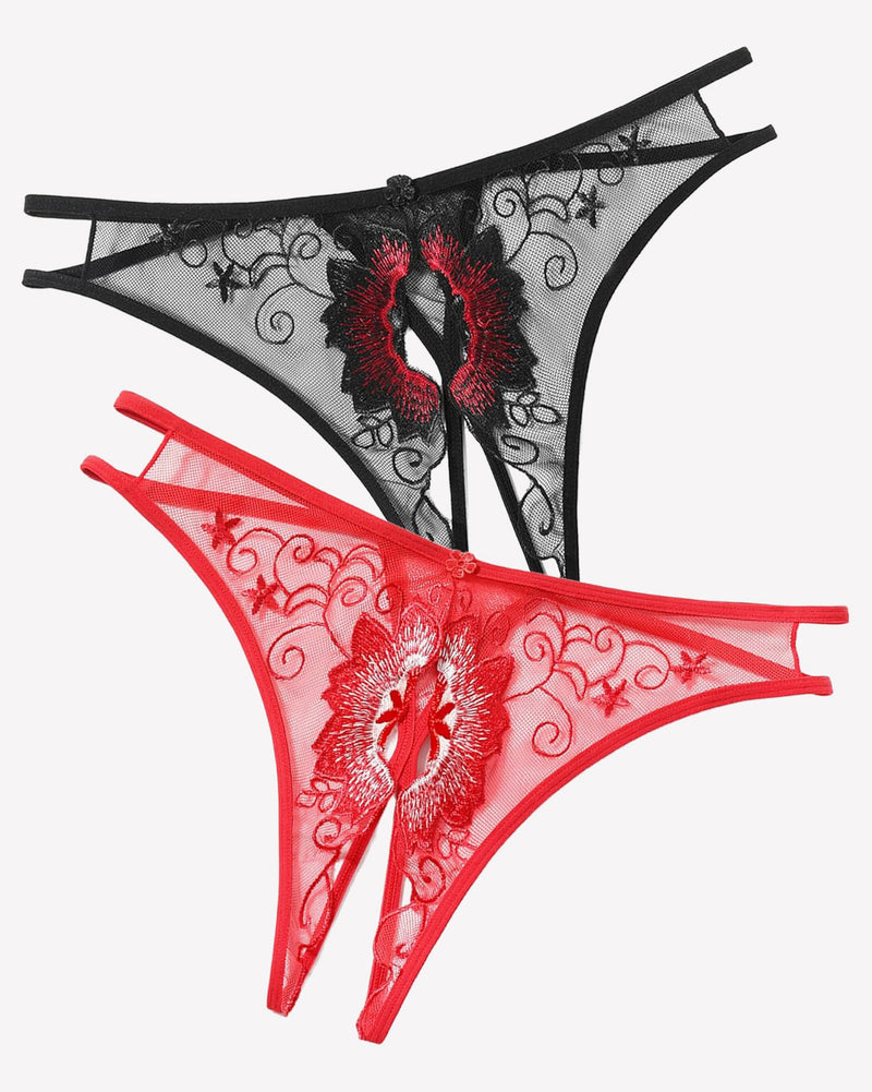 Floral Briefs Embroidered Thongs Panties Black+red Lingeries-panties - Tophatter Daily Deals