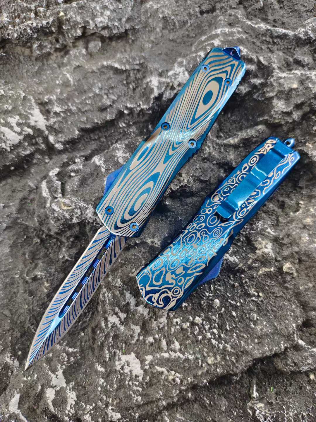 Blue Titanium Shark Tooth Dragon Straight Jump Knife - Tophatter Daily Deals
