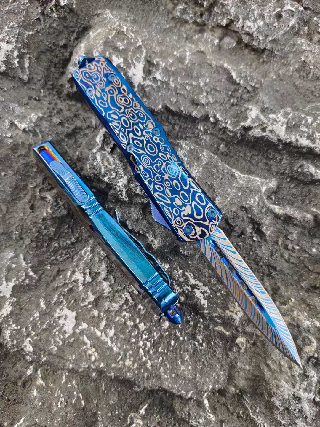 Blue Titanium Shark Tooth Dragon Straight Jump Knife - Tophatter Daily Deals
