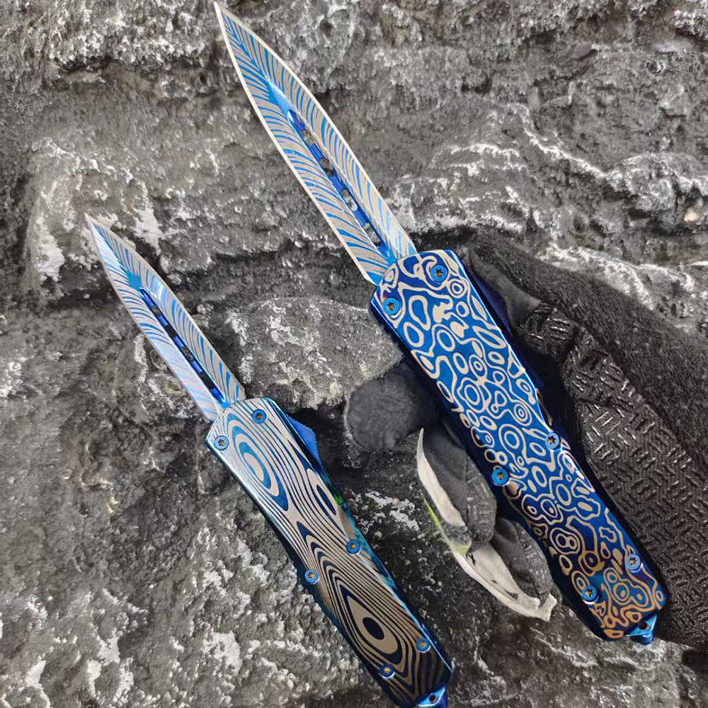 Blue Titanium Shark Tooth Dragon Straight Jump Knife - Tophatter Daily Deals