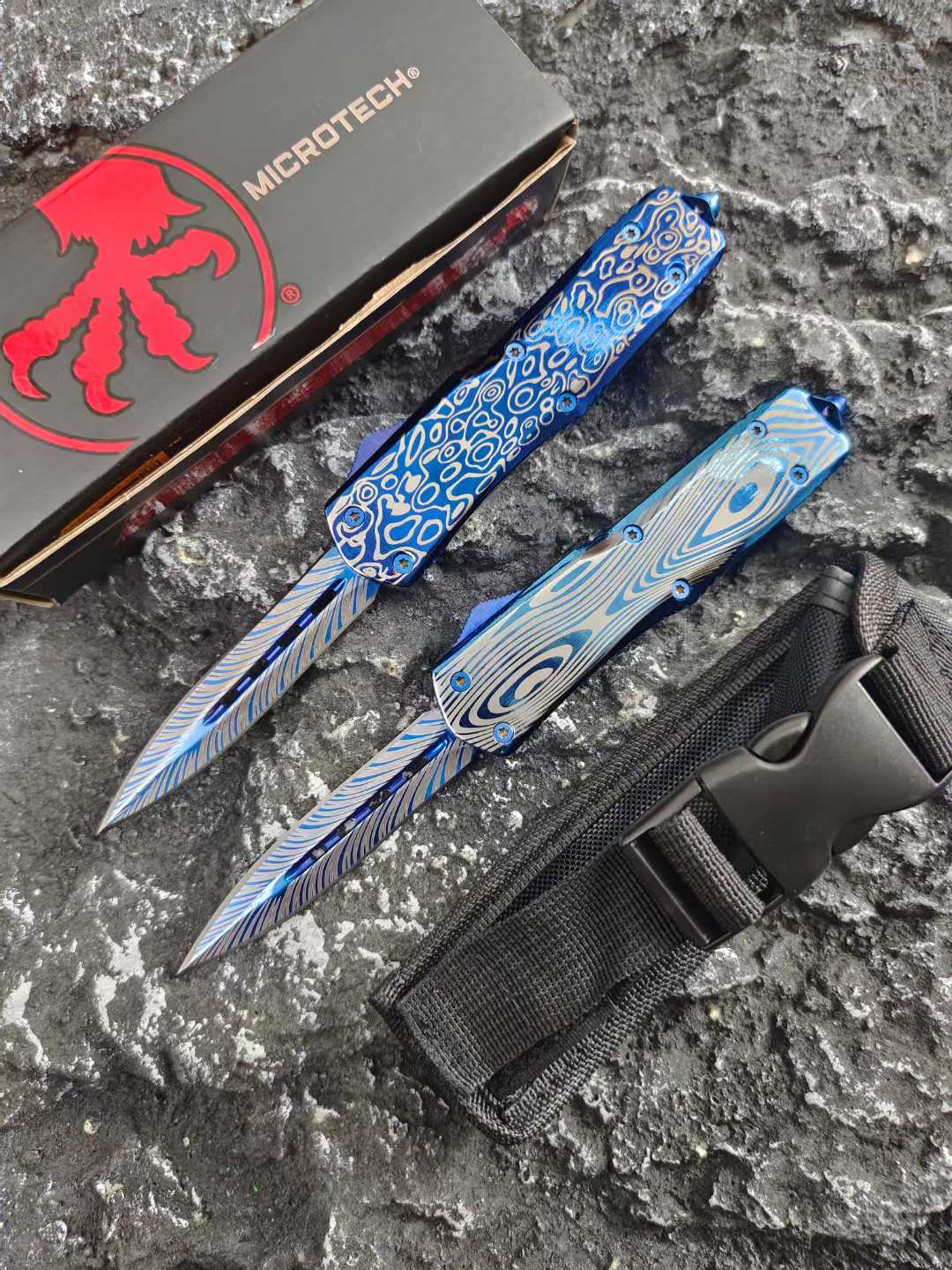 Blue Titanium Shark Tooth Dragon Straight Jump Knife - Tophatter Daily Deals