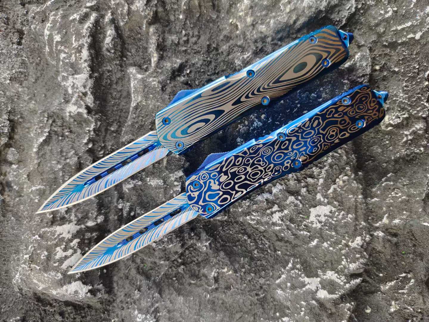 Blue Titanium Shark Tooth Dragon Straight Jump Knife - Tophatter Daily Deals