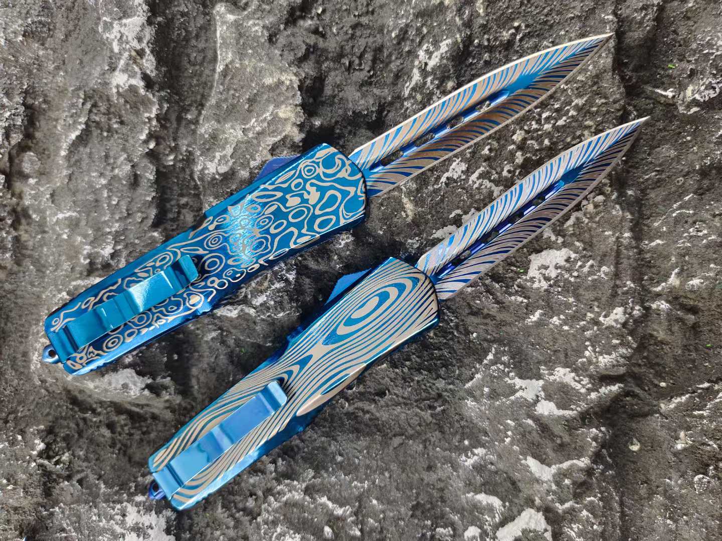 Blue Titanium Shark Tooth Dragon Straight Jump Knife - Tophatter Daily Deals