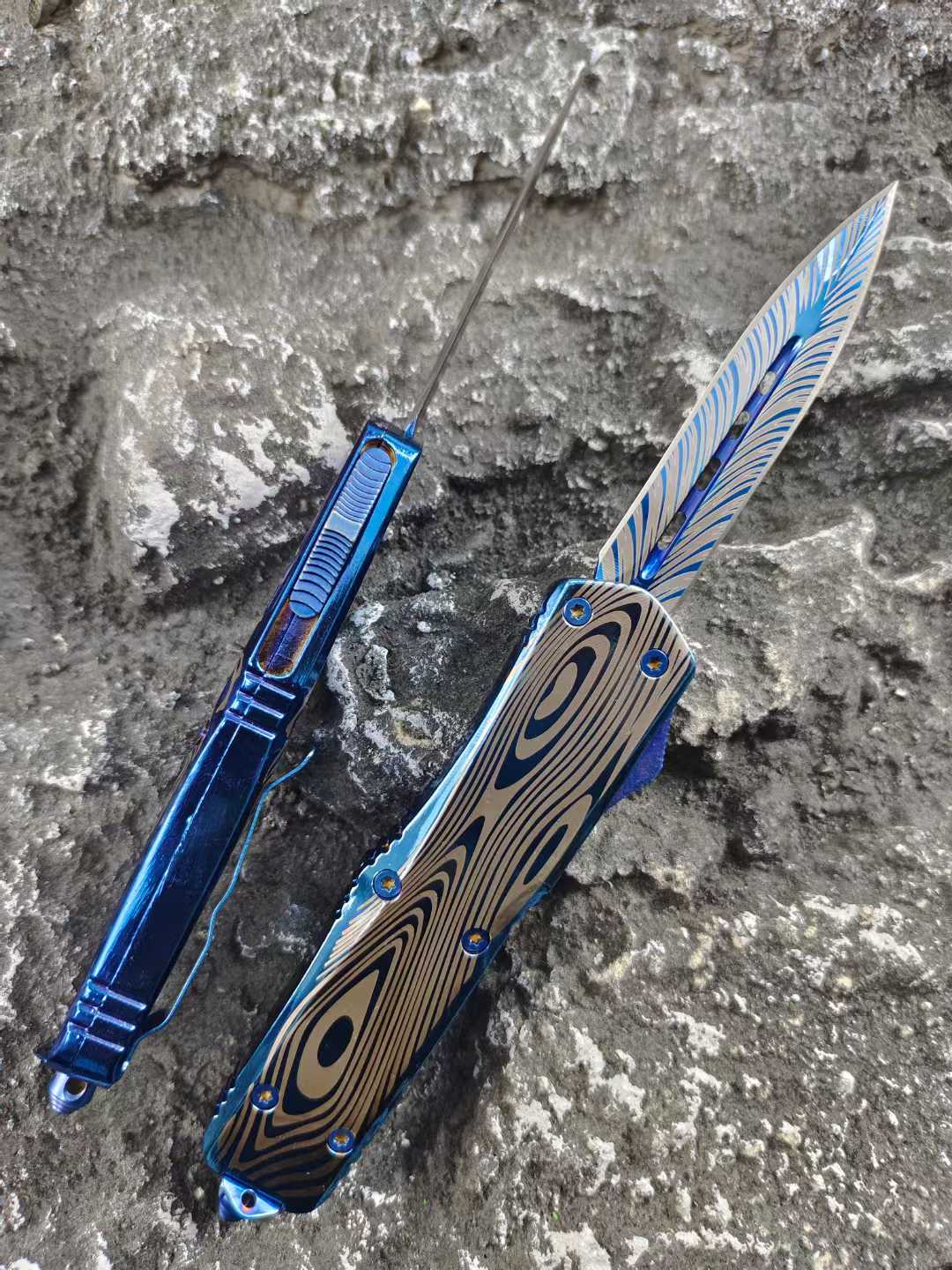 Blue Titanium Shark Tooth Dragon Straight Jump Knife - Tophatter Daily Deals