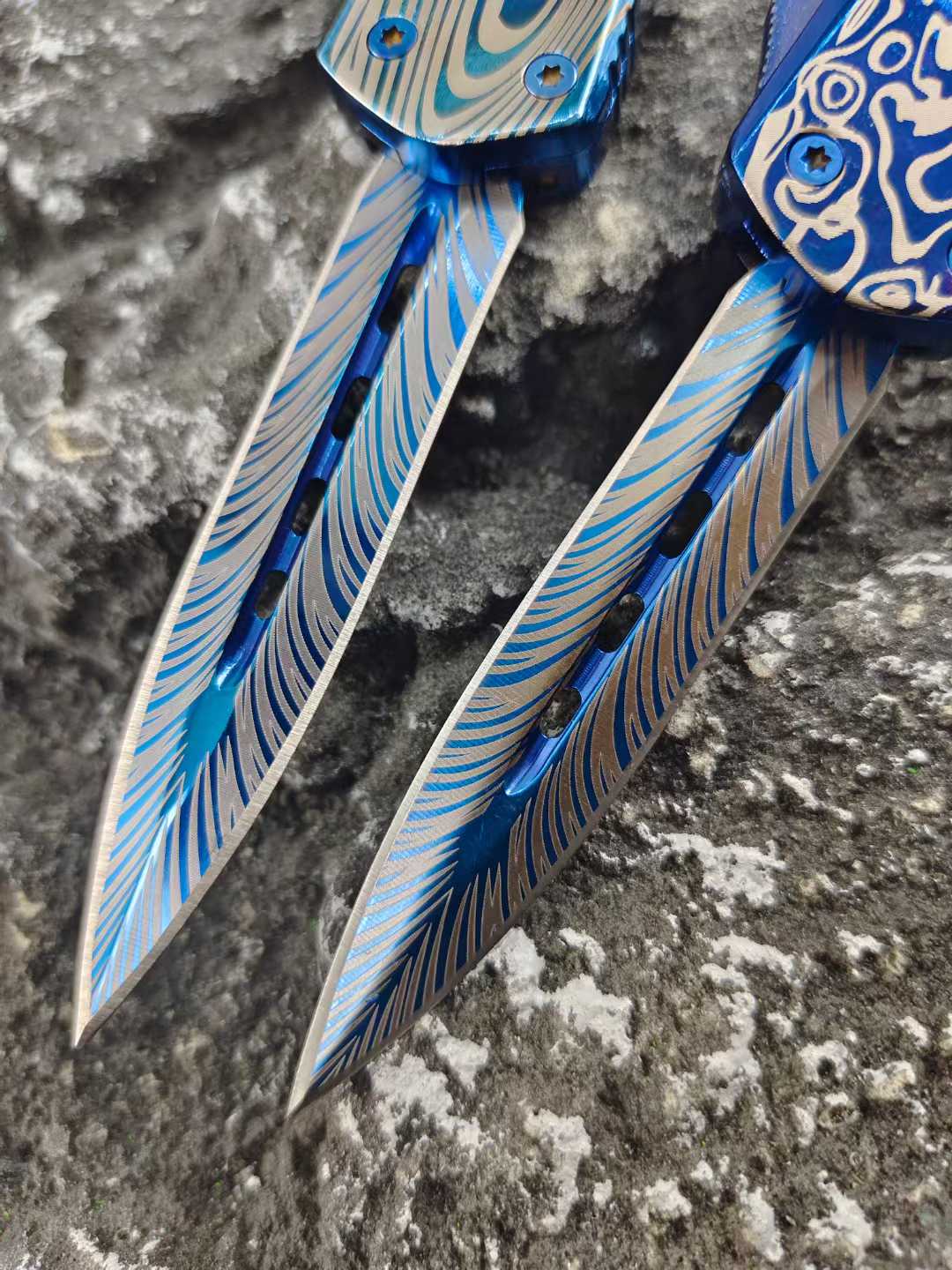 Blue Titanium Shark Tooth Dragon Straight Jump Knife - Tophatter Daily Deals