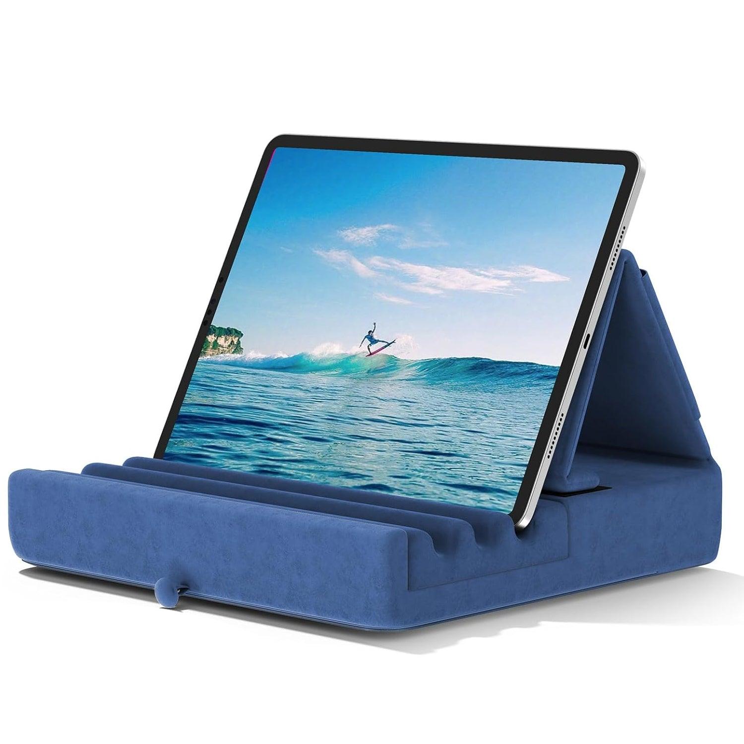 Tablet Pillow Stand - Foldable iPad Holder for Lap | Bed and Desk with Pocket & Stylus Mount Compatible with iPad Pro 12.9, 10.5, 9.7 Air Mini 6 5 4 3 Blue Apparel & Accessories - Tophatter Daily Deals