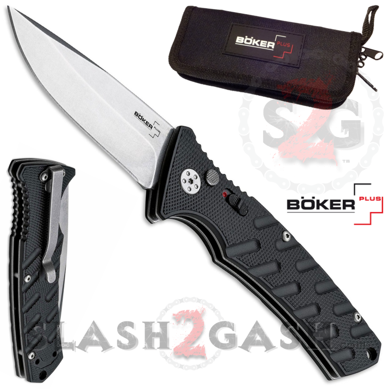Boker Plus Strike Automatic Knife Black - Drop Point Stone Wash Knife-Auto - Tophatter Daily Deals