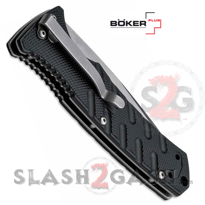 Boker Plus Strike Automatic Knife Black - Drop Point Stone Wash Knife-Auto - Tophatter Daily Deals