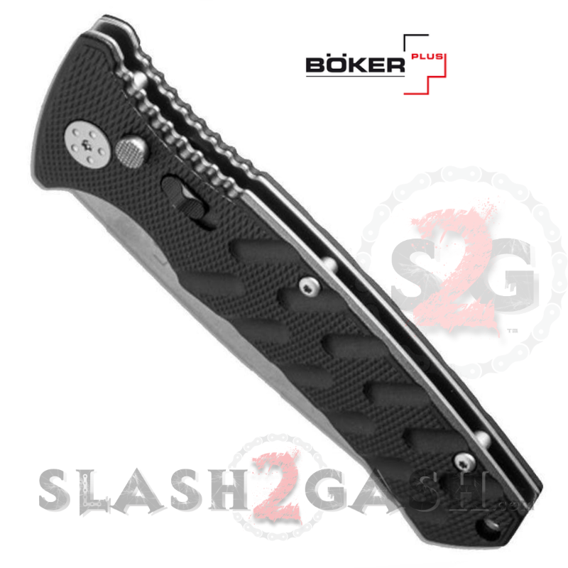 Boker Plus Strike Automatic Knife Black - Drop Point Stone Wash Knife-Auto - Tophatter Daily Deals