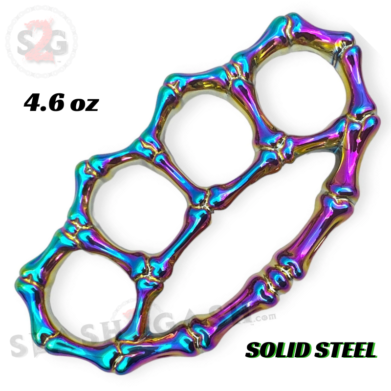 Bones Brass Knuckles Paperweight Solid Steel Knuckle Duster - Rainbow Belt Buckle - Tophatter Daily Deals