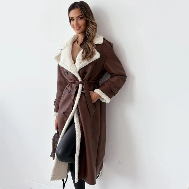 Warm Flattering Women’s Long Coat - Shearling Lined Leather Brown - Tophatter Daily Deals