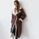 Warm Flattering Women’s Long Coat - Shearling Lined Leather Brown - Tophatter Daily Deals