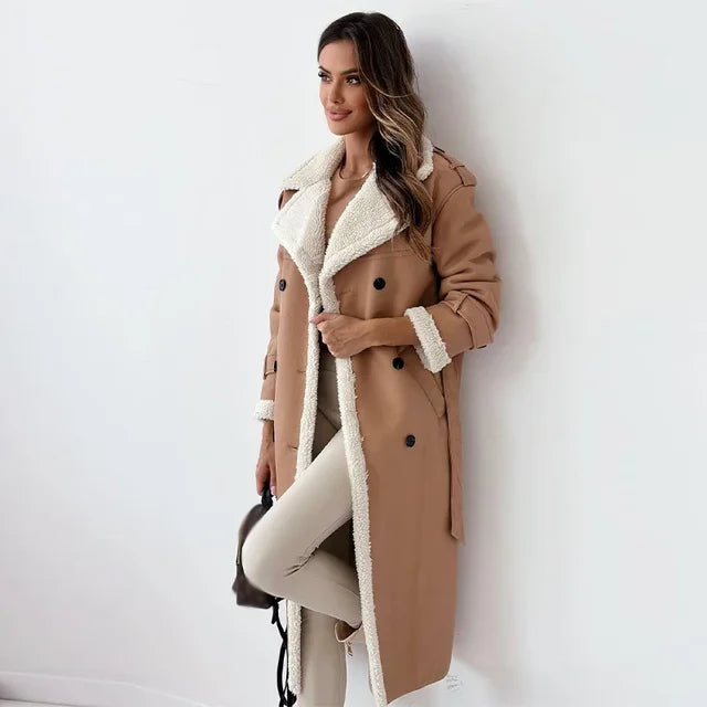 Warm Flattering Women’s Long Coat - Shearling Lined Leather Khaki - Tophatter Daily Deals