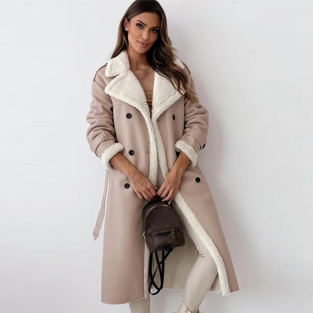 Warm Flattering Women’s Long Coat - Shearling Lined Leather Apricot - Tophatter Daily Deals