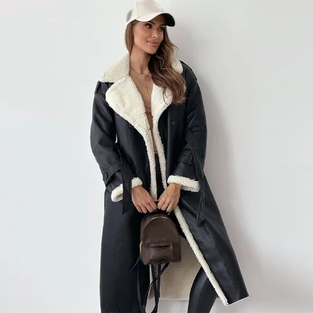 Warm Flattering Women’s Long Coat - Shearling Lined Leather Black - Tophatter Daily Deals