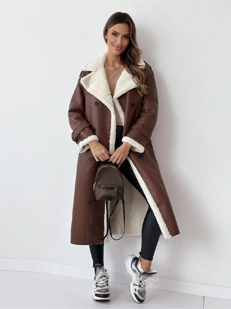 Warm Flattering Women’s Long Coat - Shearling Lined Leather - Tophatter Daily Deals